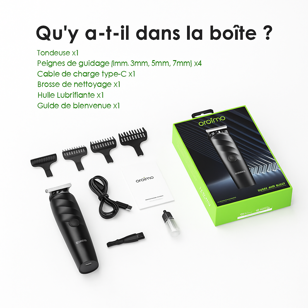Oraimo SmartTrimmer OTR-210 – Précision Ultime & Élégance Compacte Prenez le contrôle total de votre style avec la tondeuse intelligente Oraimo – l’outil incontournable pour l’homme moderne. Offrez-vous une expérience de coupe impeccable avec la Oraimo SmartTrimmer OTR-210, conçue pour vous garantir un résultat digne d’un salon, chez vous. Grâce à ses lames auto-affûtées ultra précises (jusqu’à 0,4 mm), réalisez des contours nets et une finition proche du rasage sans irritation. Caractéristiques Principales : 🔍 Finition ultra précise de 0,4 mm Parfaite pour des contours nets, une barbe bien définie et un style raffiné. ⚡ Moteur puissant de 7500 tr/min Des performances fluides et rapides même sur les poils épais ou rebelles, sans tiraillements ni coupures. 🔋 Autonomie longue durée – jusqu’à 90 minutes Idéale pour un usage quotidien ou en voyage sans recharger fréquemment. 🔌 Recharge rapide via USB Type-C Pratique et universelle – plus besoin de chercher un chargeur spécifique. 🔧 Lames en acier inoxydable auto-affûtées Durables et toujours affûtées pour une efficacité maximale dans le temps. 🧰 4 sabots de coupe inclus Ajustez la longueur selon votre style grâce aux guides de coupe polyvalents. 💼 Design compact, élégant et ergonomique Prise en main confortable, format léger et stylé, parfait pour toutes les occasions. Spécifications Techniques : Couleur : Noir Poids : 300 grammes Matériau : Plastique ABS haute qualité Type de cheveux : Tous types de poils Dimensions : 20 x 8 x 20 cm Source d’alimentation : Batterie rechargeable Type de charge : USB Type-C Pourquoi choisir Oraimo SmartTrimmer ? ✅ Finition professionnelle ✅ Conception pratique et ergonomique ✅ Compatible avec tous les types de poils ✅ Idéale comme cadeau ou usage personnel ✅ Marque de confiance Oraimo Contenu de la boîte : 1 Tondeuse Oraimo SmartTrimmer 4 sabots de coupe 1 câble de charge USB Type-C 1 brosse de nettoyage 1 manuel d’utilisation