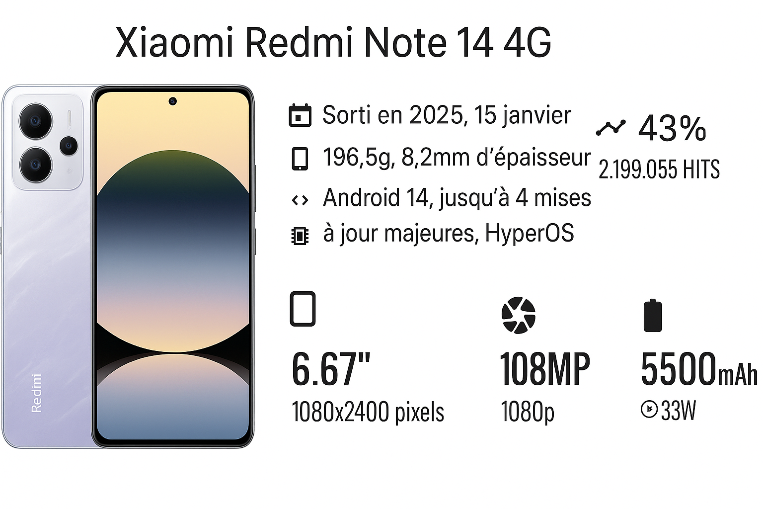 Xiaomi Redmi Note 14 4G 8Go RAM - 256Go – Puissance et design au meilleur prix au Maroc