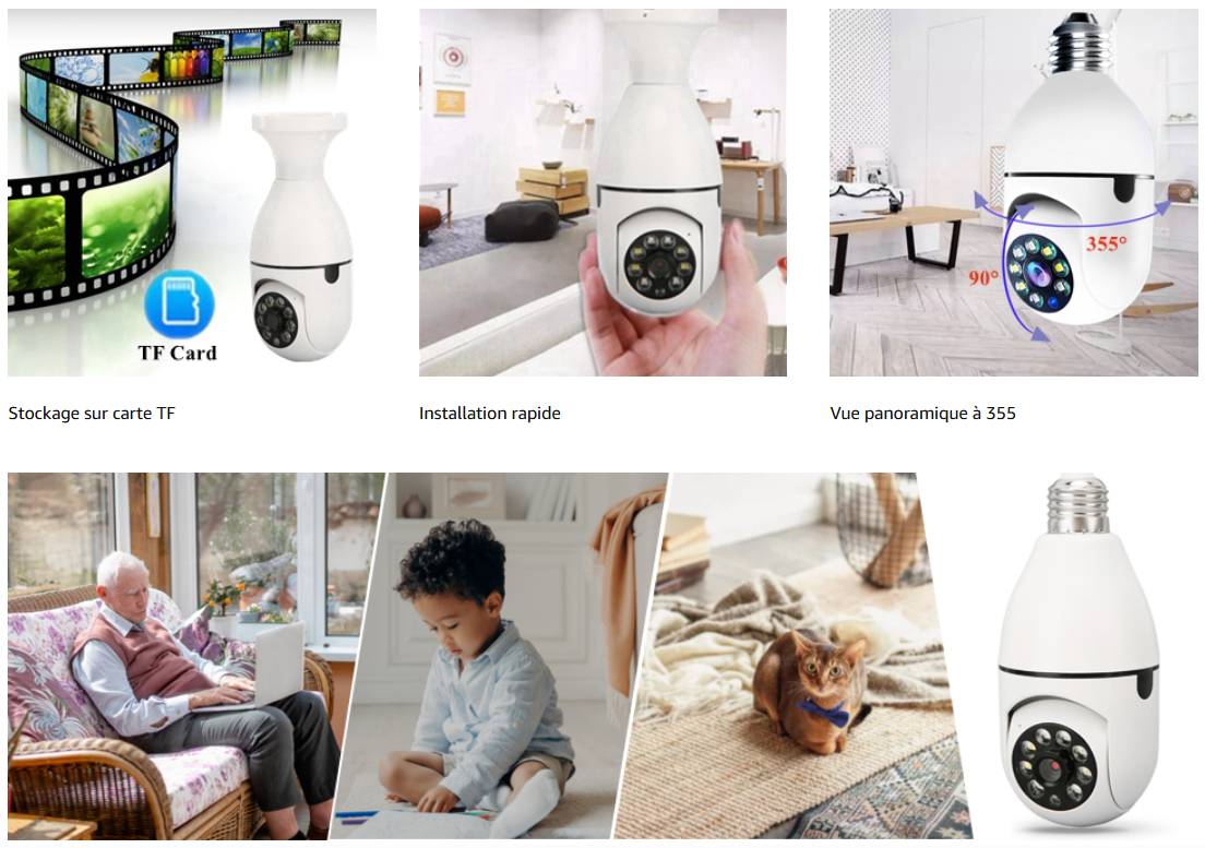wifi smart caméra Caméra sécurité ampoule 3mg 1080P 360 degrés Panoramique Caméra WiFi sans fil vision