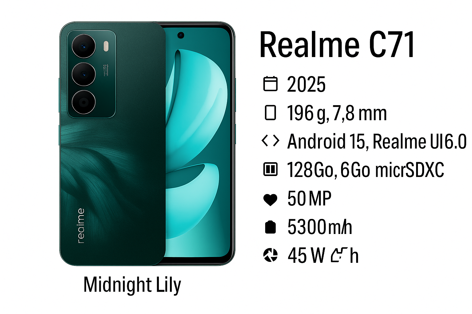 Realme c71 6+128 - Smartphone Puissant avec Batterie 6300mAh