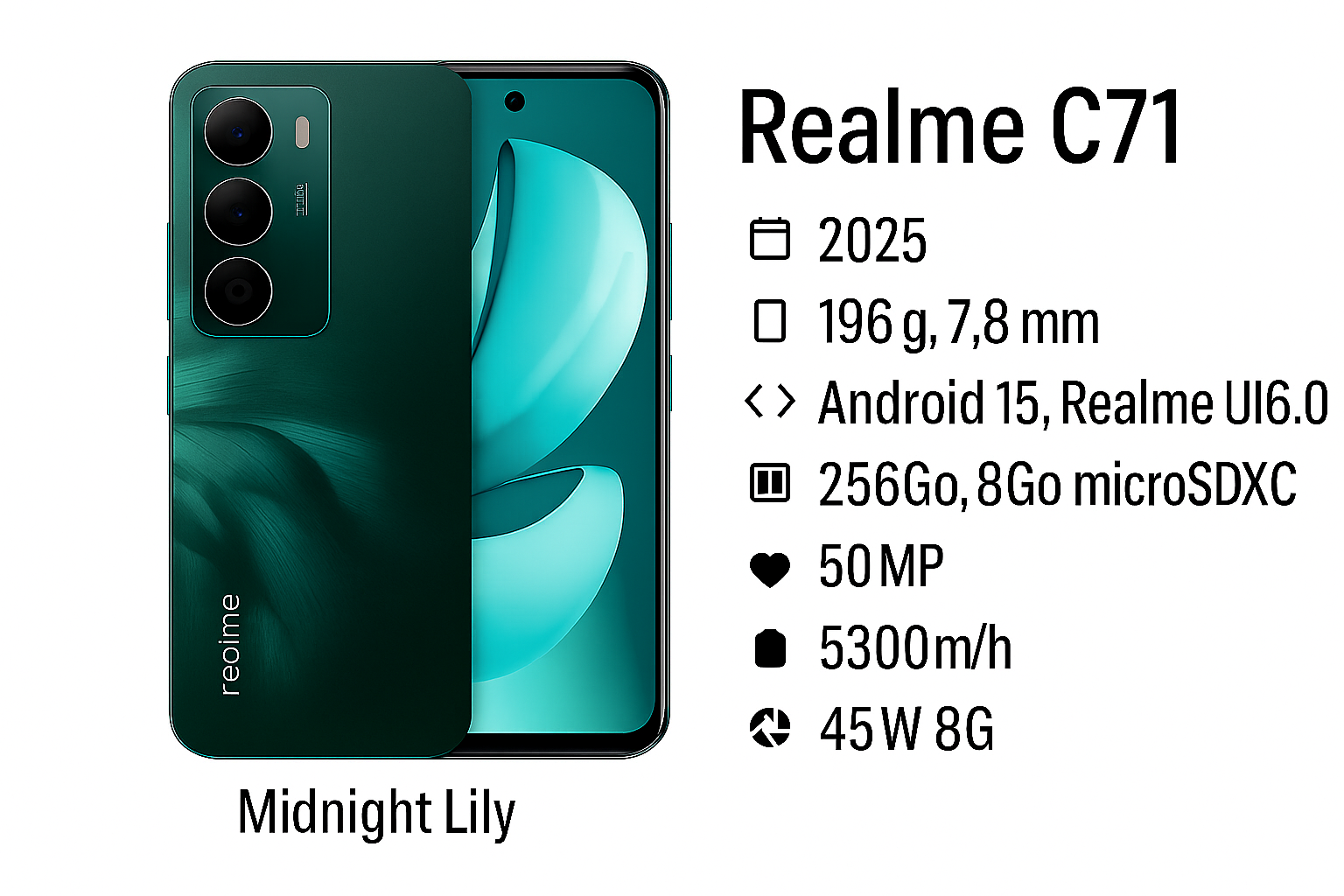 Realme c71 Prix et Fiche Technique – Smartphone Puissant avec Batterie 6300mAh
اكتشف سعر ريلمي سي 71 مع ذاكرة 6+128 جيجابايت، ومعالج يونيسوك تي 7250 القوي، وبطارية 6300 مللي أمبير في الساعة تدوم طويلاً. استمتع بتصميم نحيف، وشاشة 120 هرتز، وشحن سريع بقدرة 45 واط لتجربة استخدام سلسة طوال اليوم