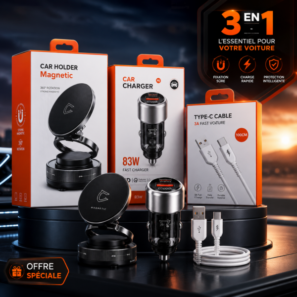 Pack Auto Complet – Support Téléphone Magnétique + Chargeur Voiture Rapide 83W + Câble Type-C
