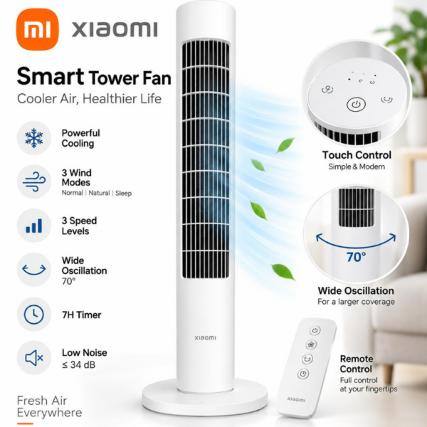 Ventilateur Colonne Xiaomi Smart Tower Fan – 3 Vitesses, 3 Modes, Oscillation 70°, Télécommande